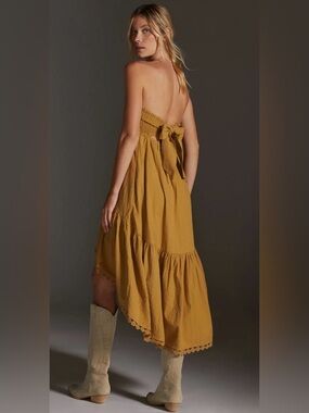 Anthropologie Mustard Yellow Backless Strapless Tie-Back Midi Dress